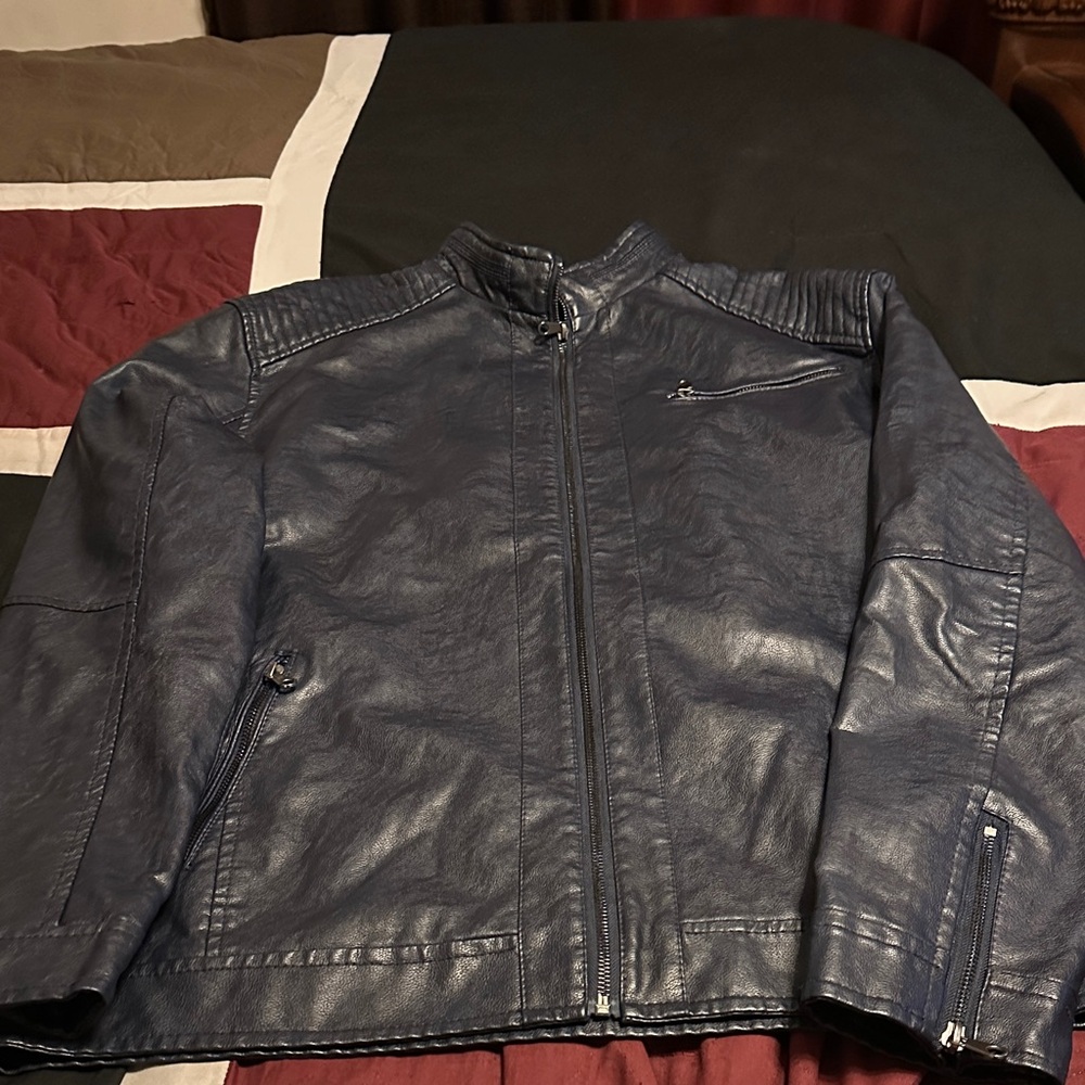 Wulful Men's Blue Faux Leather Jacket